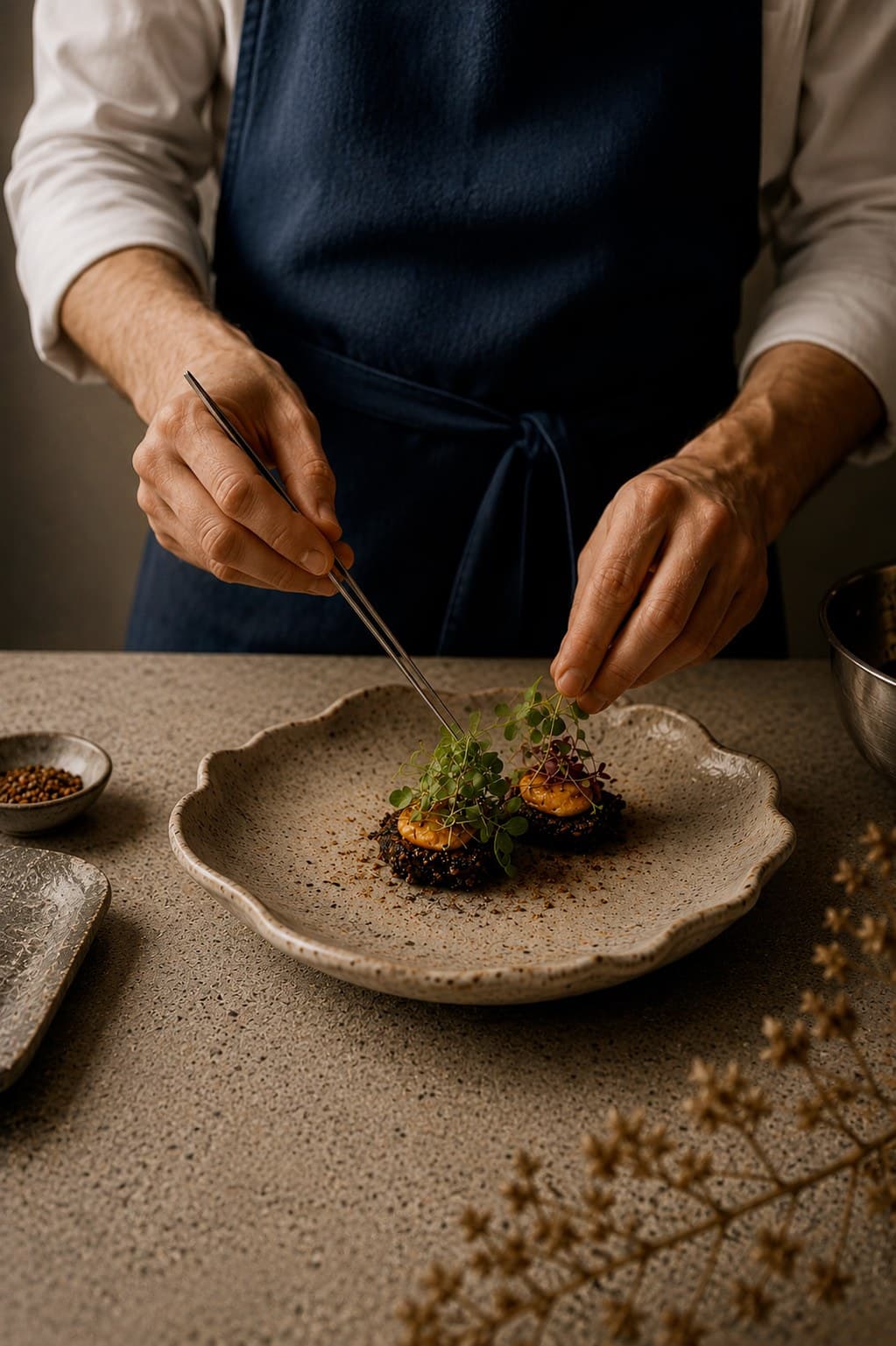 Chef dressant une assiette gastronomique — Maison Médelys