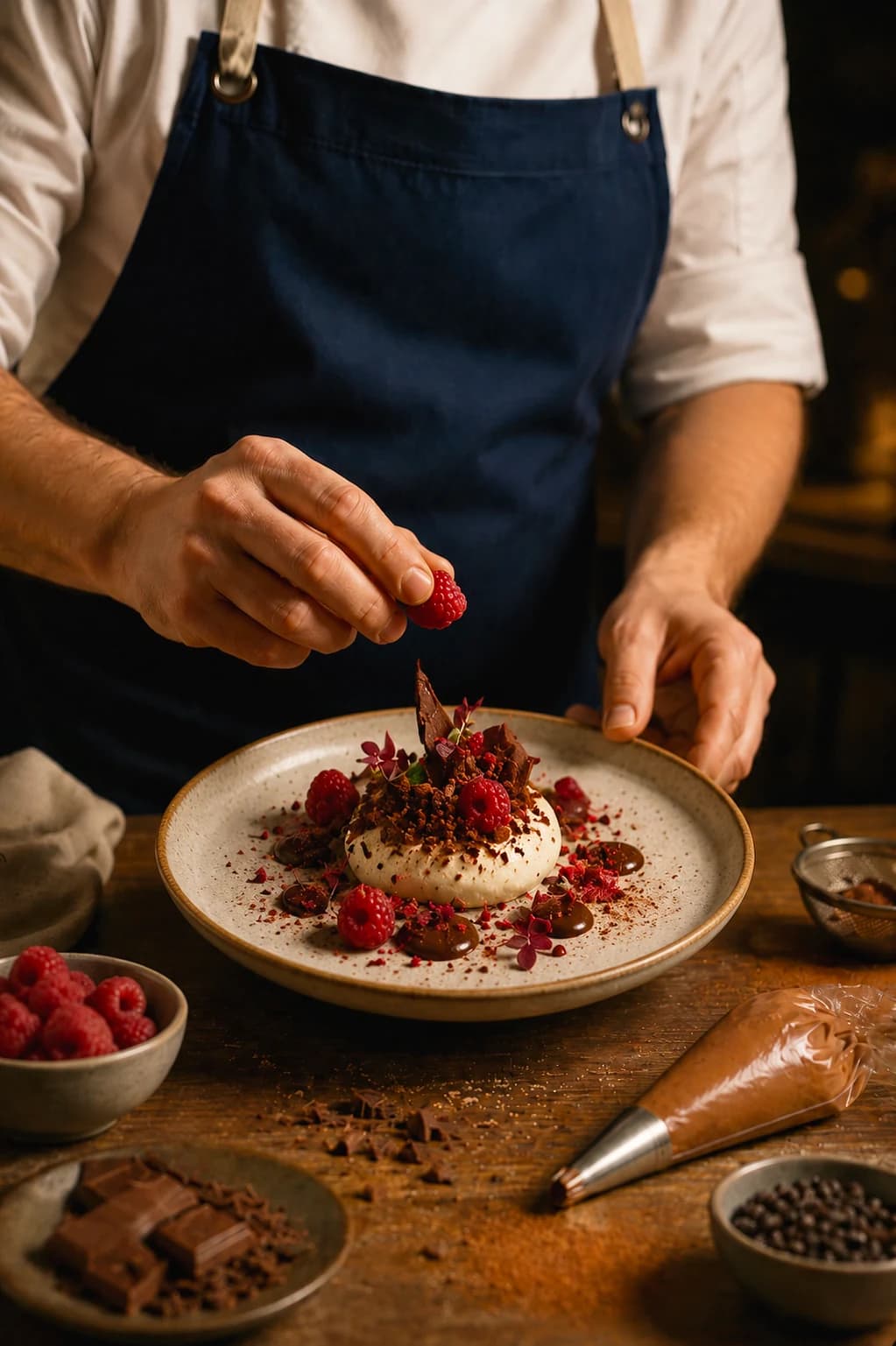 Pâtissier dressant un dessert meringué au chocolat et aux framboises
