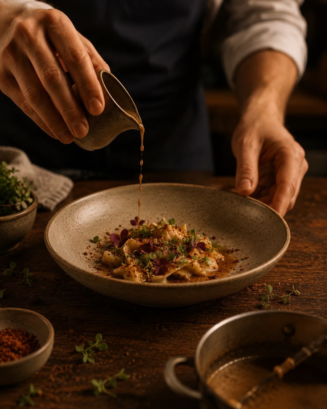 Chef nappant un plat de pâtes d'un jus, dressage gastronomique